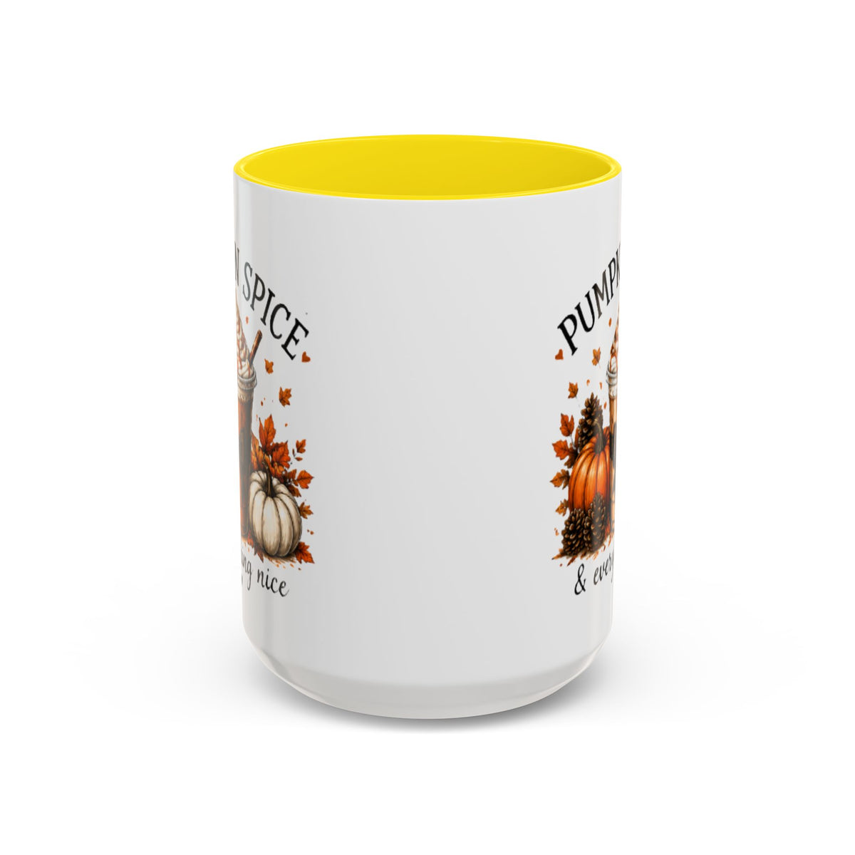 White coffee mug with yellow interior and autumn pumpkin-spice front print