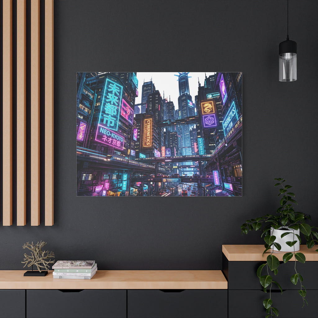 Neo-Kyoto Cyberpunk City Matte Canvas Print