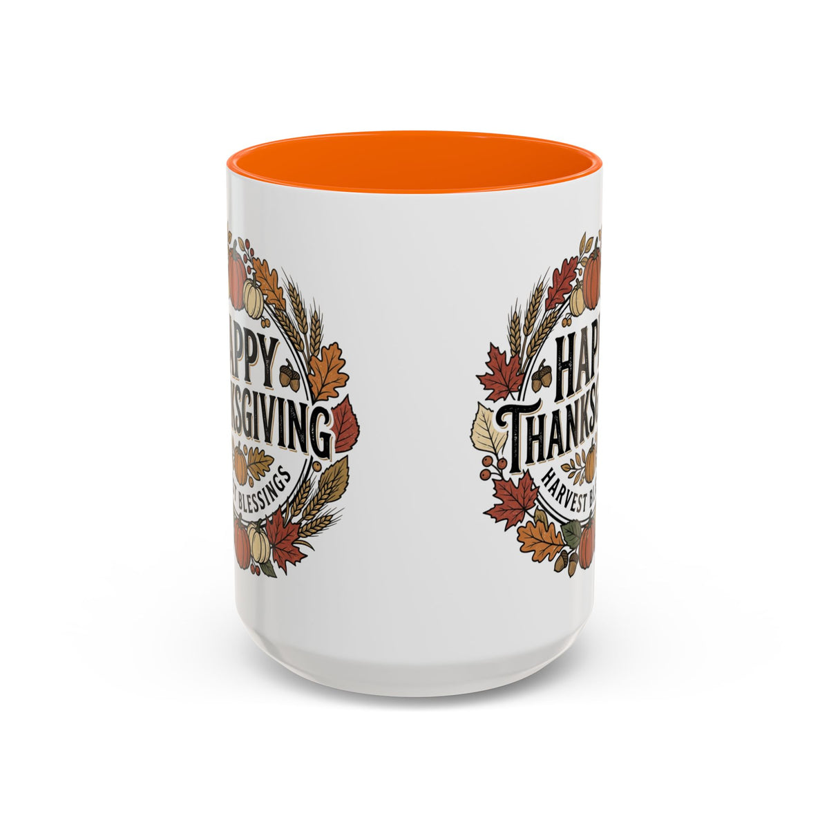 Happy Thanksgiving Accent Coffee Mug — "Harvest Blessings" Fall Pumpkin Wreath (11/15 oz)