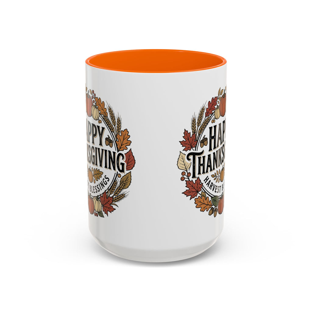 Happy Thanksgiving Accent Coffee Mug — "Harvest Blessings" Fall Pumpkin Wreath (11/15 oz)