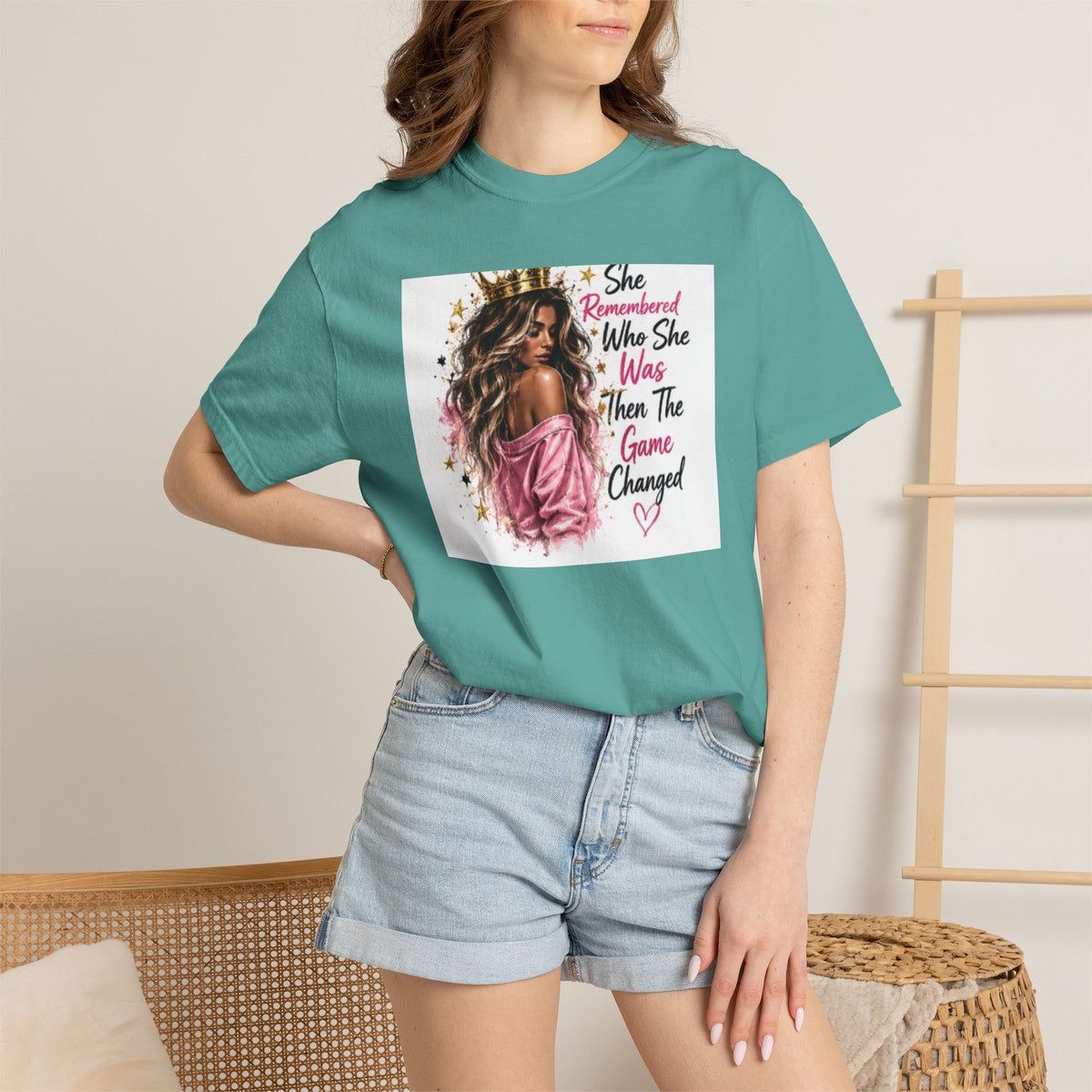 T-Shirt — 'She Remembered Who She Was' Empowerment Tee (Woman Portrait, Inspirational Quote)