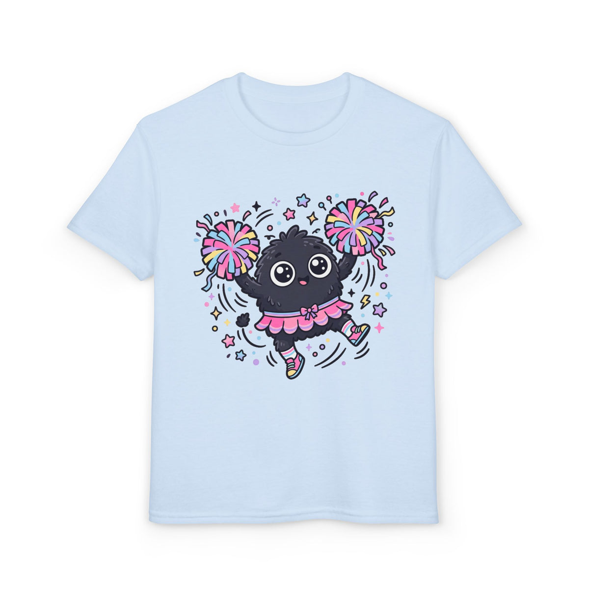 Cute Black Kitty Cheerleader Youth T-Shirt — Pom-Pom Dancing Cat Tee