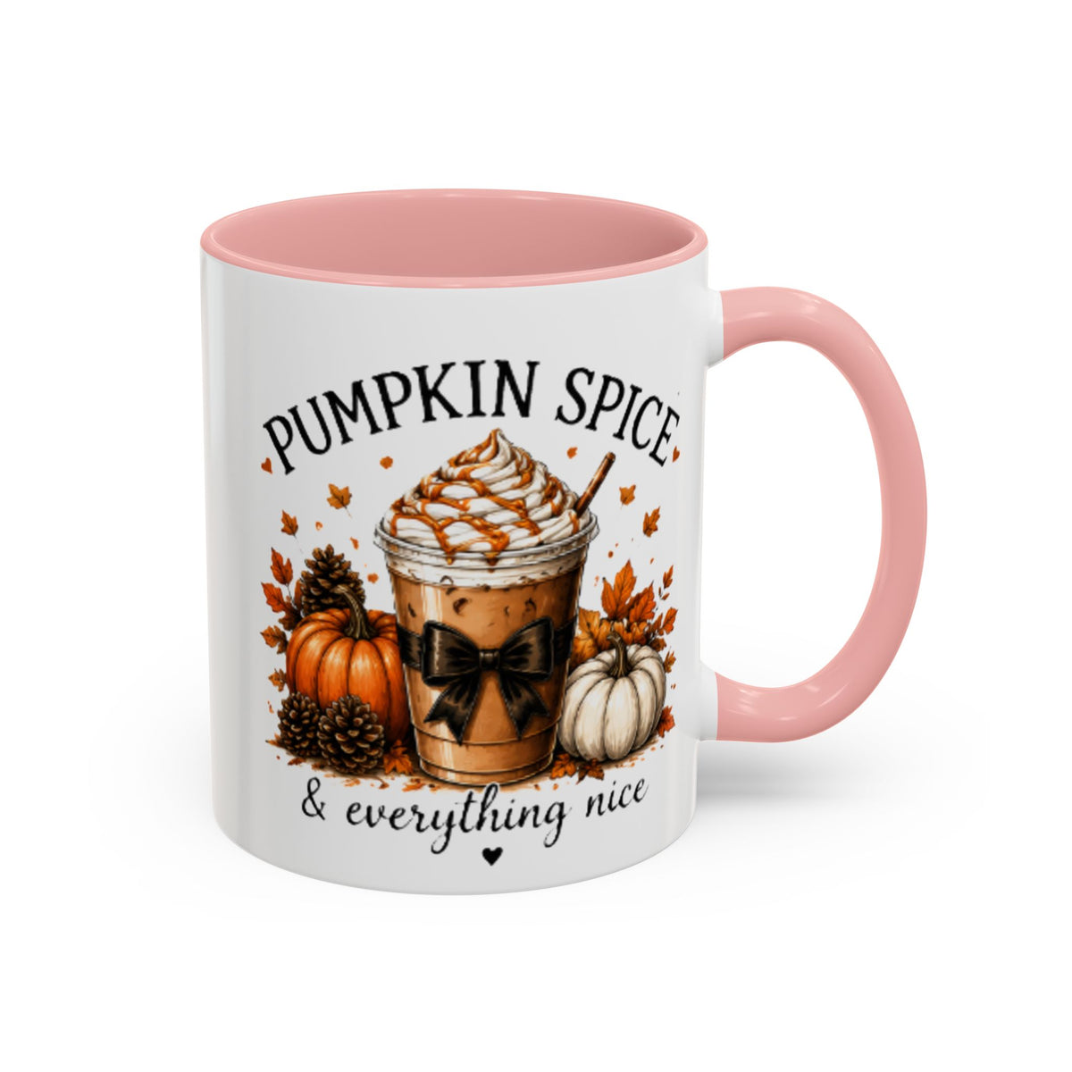 Coffee mug with pink rim and handle; pumpkin spice coffee graphic with bow and leaves