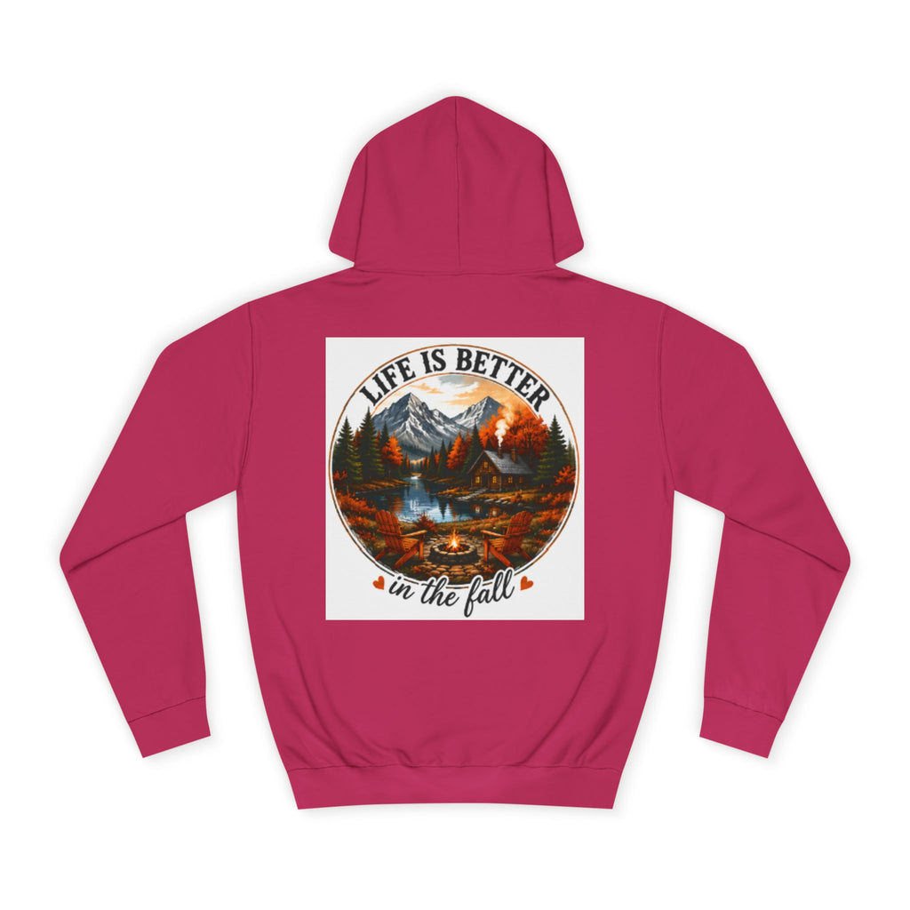 Burgundy pullover hoodie with drawstring hood and back graphic print