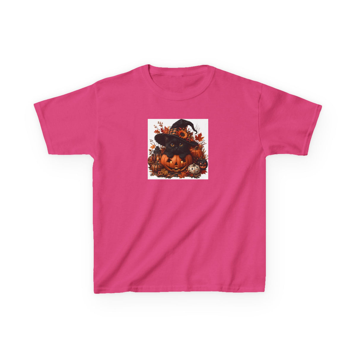 Kids Tee — Halloween Black Cat with Witch Hat & Pumpkins