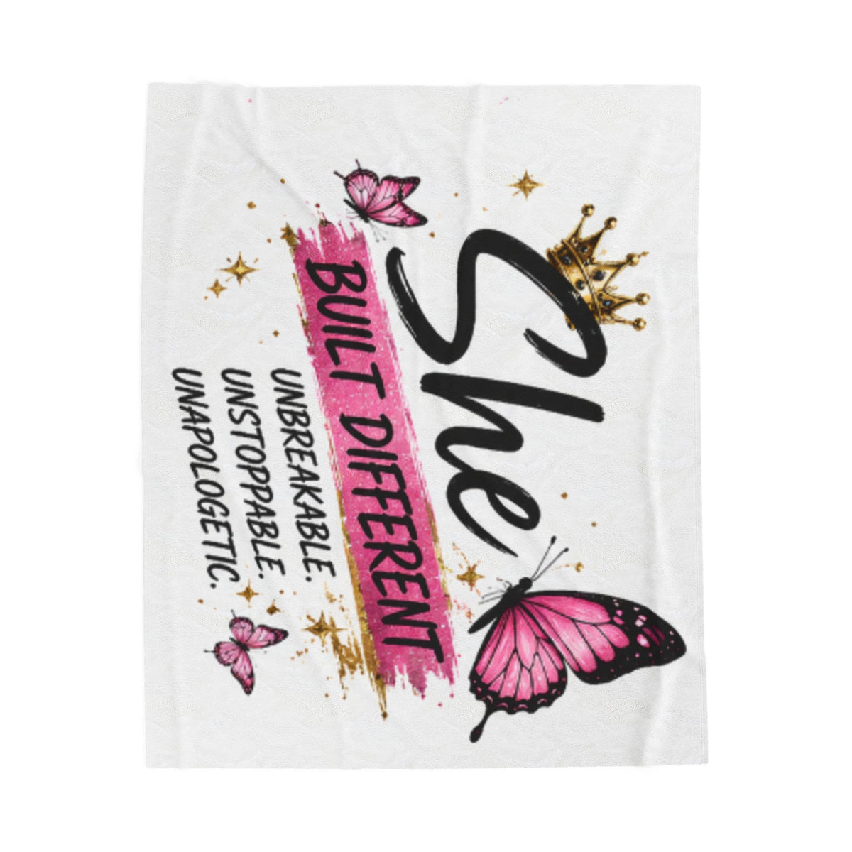 White plush blanket with pink butterflies and bold black-pink "Built Different" graphic