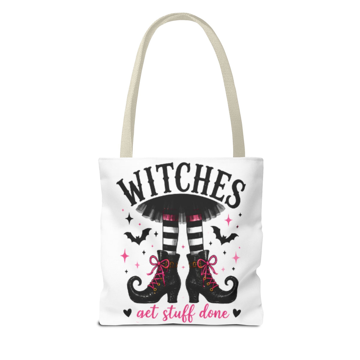 White canvas tote bag with witch legs, 'WITCHES' headline, and 'get stuff done' hearts