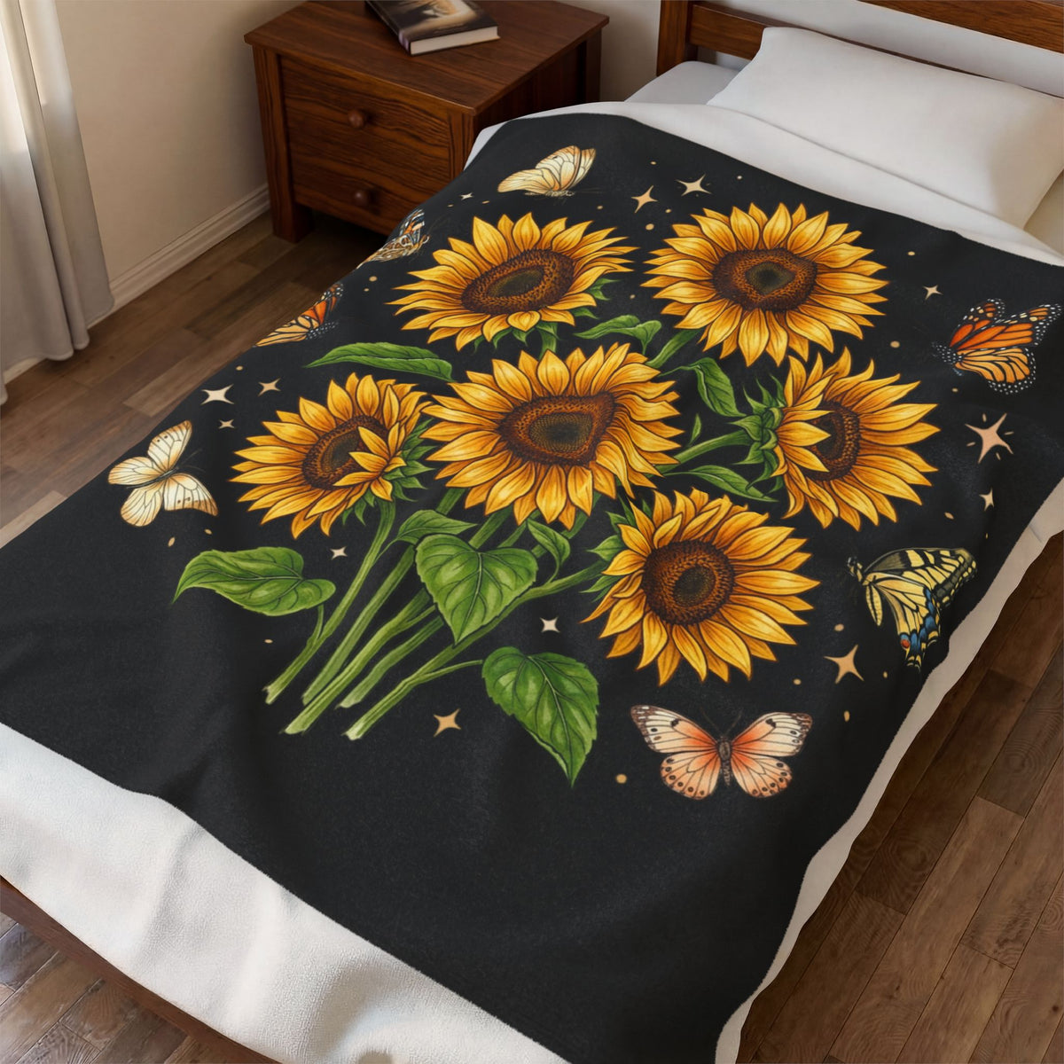 Sunflower & Butterflies Velveteen Plush Blanket — Cozy Floral Throw