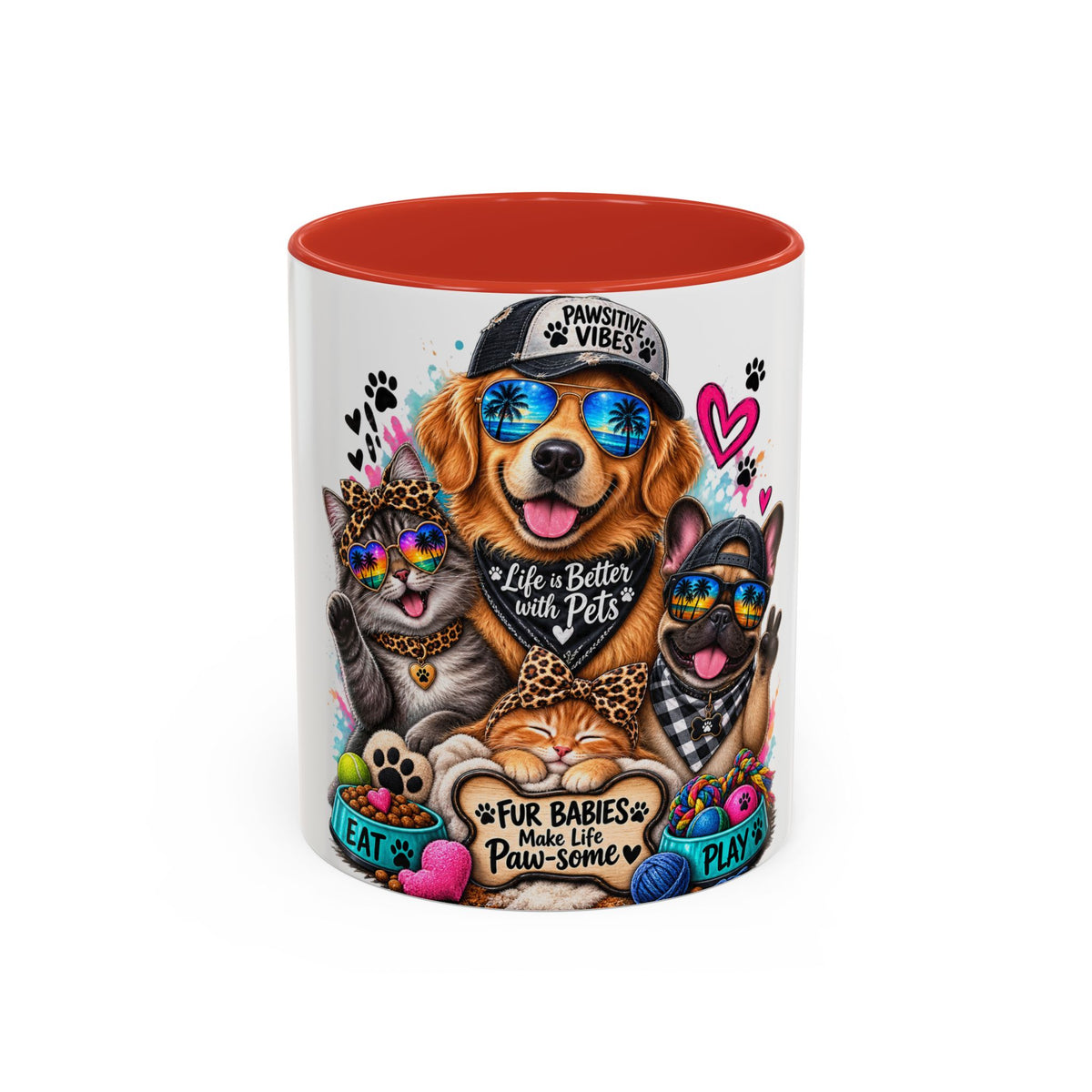 Coffee Mug — "Life is Better with Pets" Colorful Dog & Cat Paw-some Design (11/15 oz)