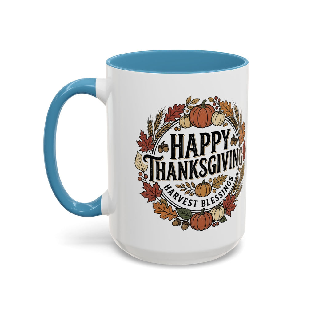 Happy Thanksgiving Accent Coffee Mug — "Harvest Blessings" Fall Pumpkin Wreath (11/15 oz)