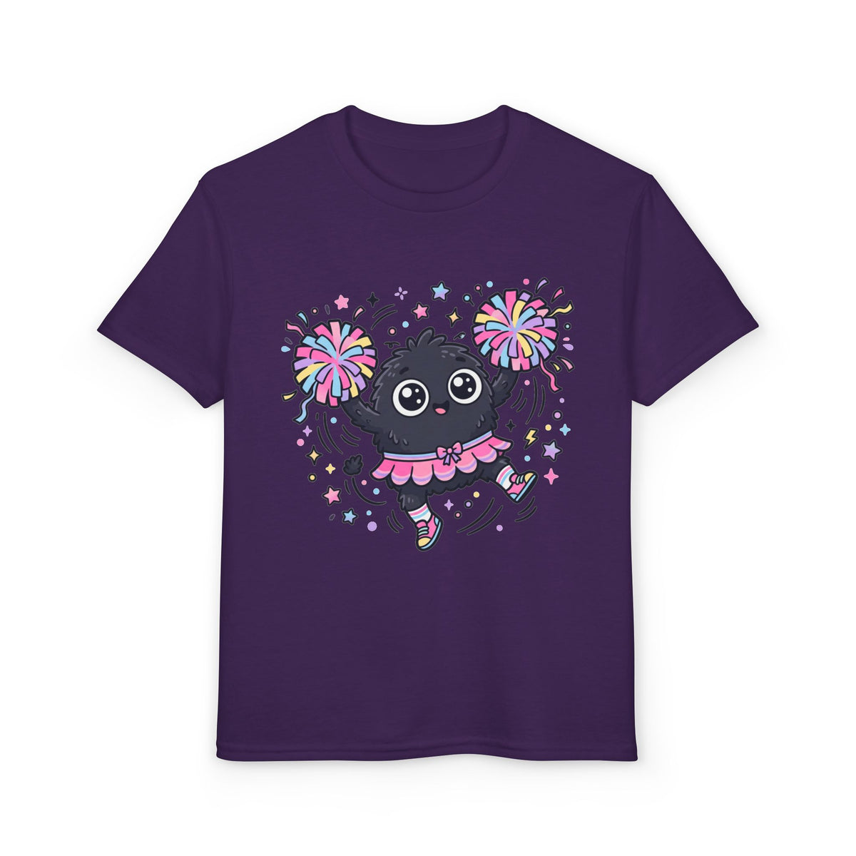 Cute Black Kitty Cheerleader Youth T-Shirt — Pom-Pom Dancing Cat Tee