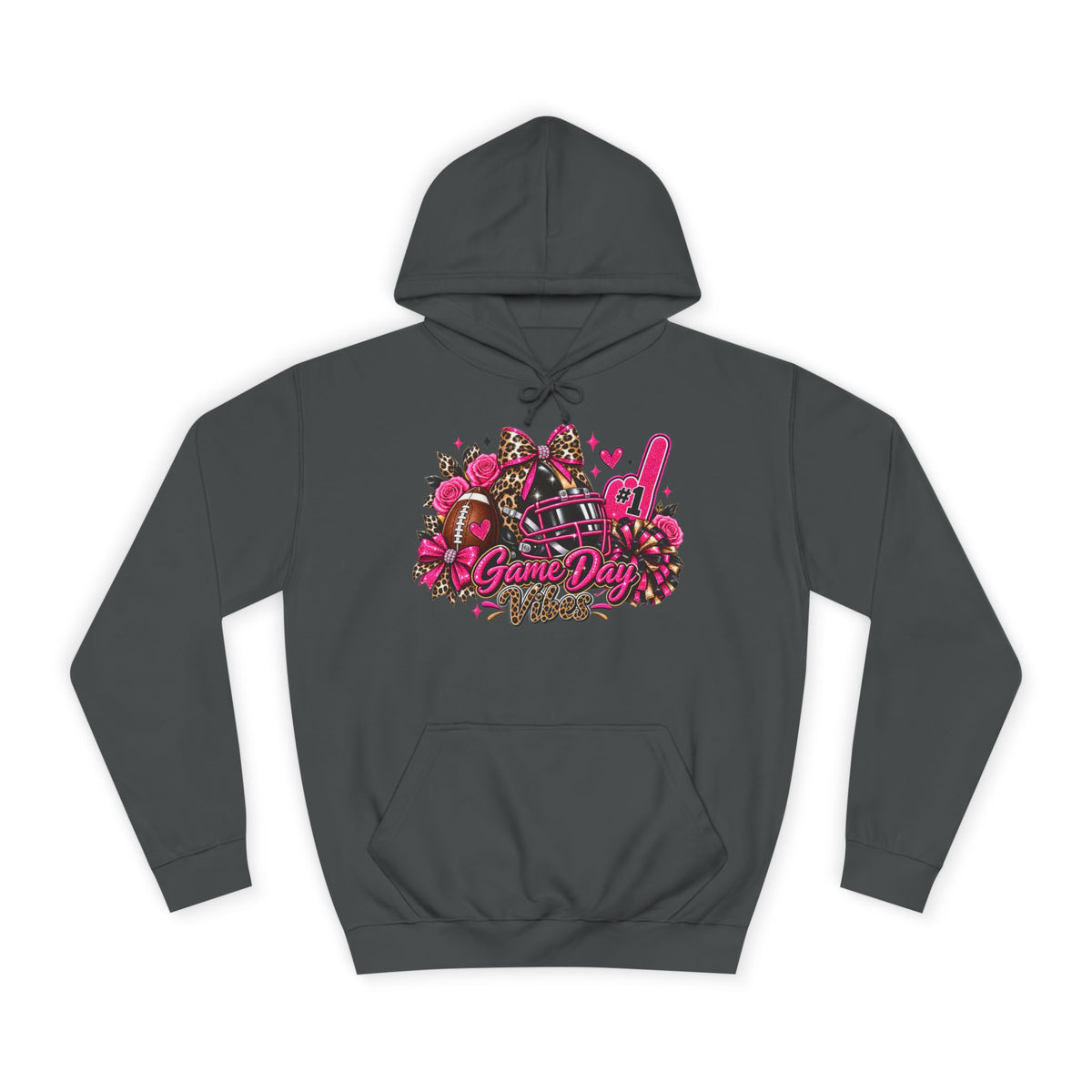 Game Day Cheer Hoodie — Pink Football Floral Design, dark gray pullover hoodie with a vivid pink game day cheer graphic, helmet, pom-poms, and football details by Printify