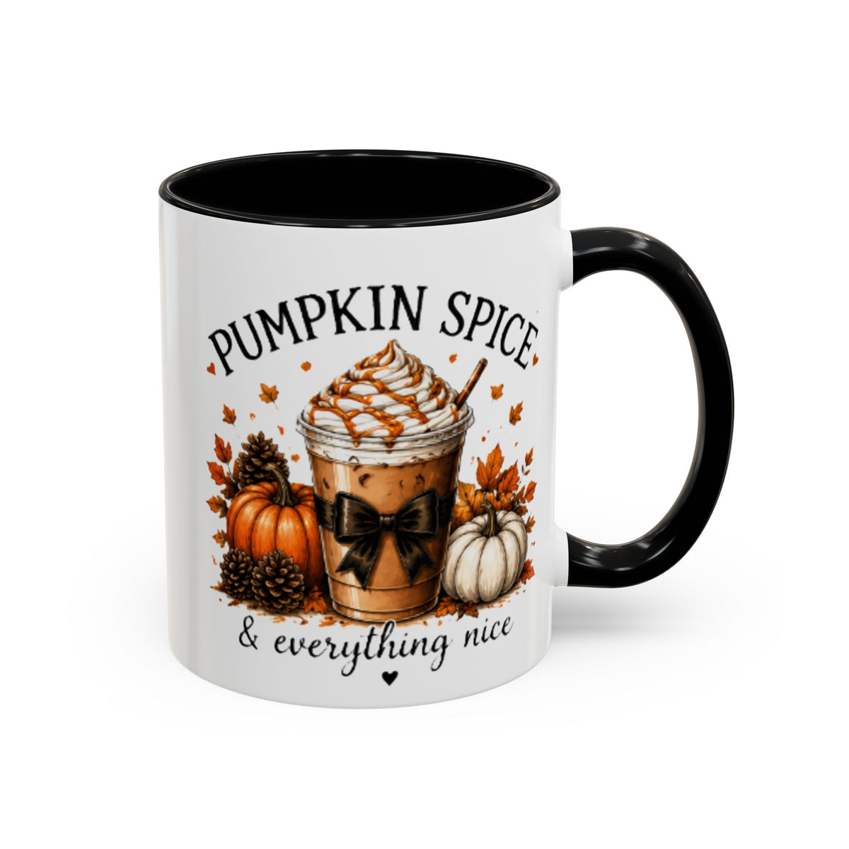 Black-rim pumpkin spice coffee mug with pumpkin drink graphic and "everything nice" text
