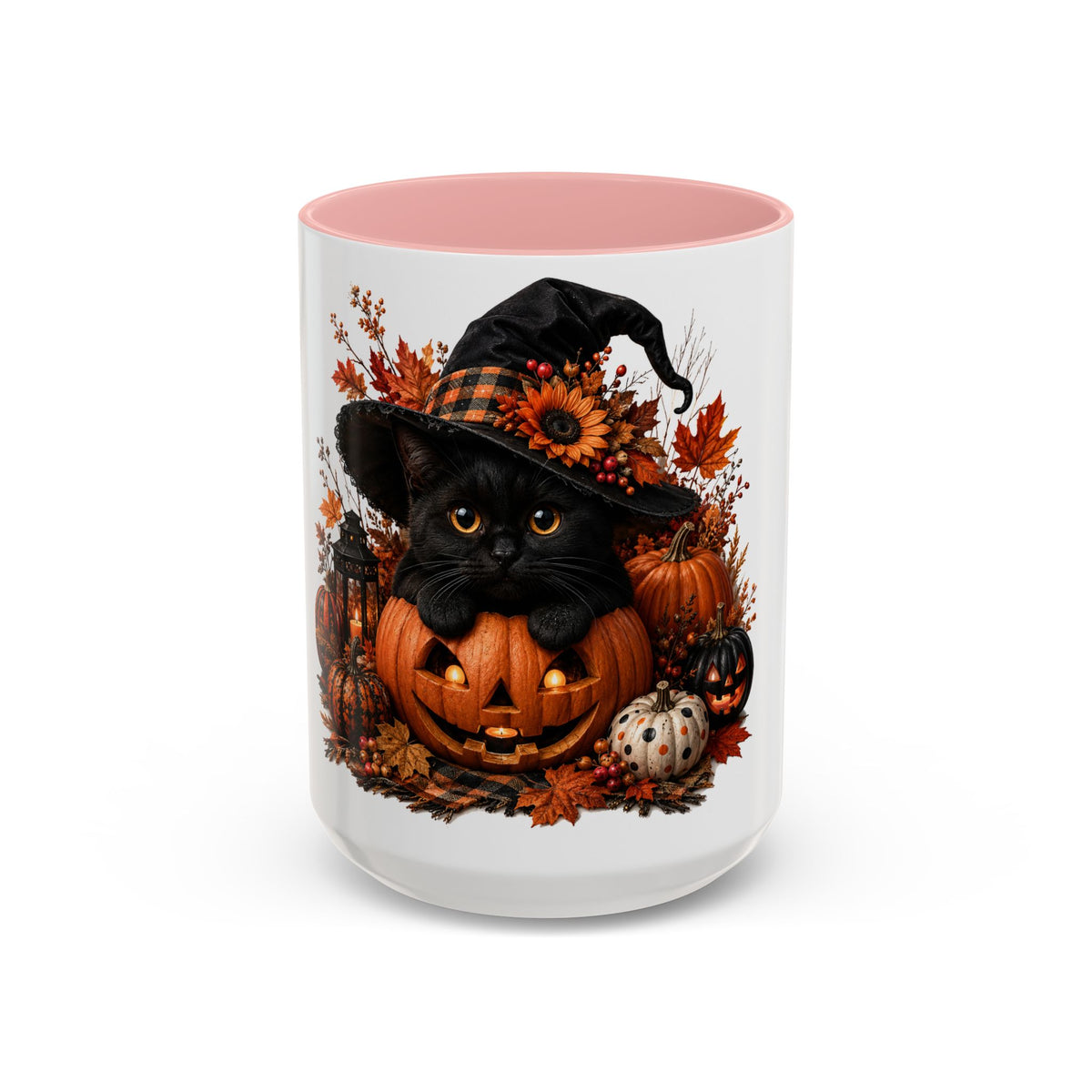 Halloween Black Cat Pumpkin Coffee Mug – Autumn Witch Hat Accent Mug (11/15oz)