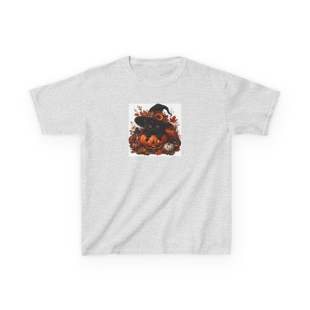 Kids Tee — Halloween Black Cat with Witch Hat & Pumpkins