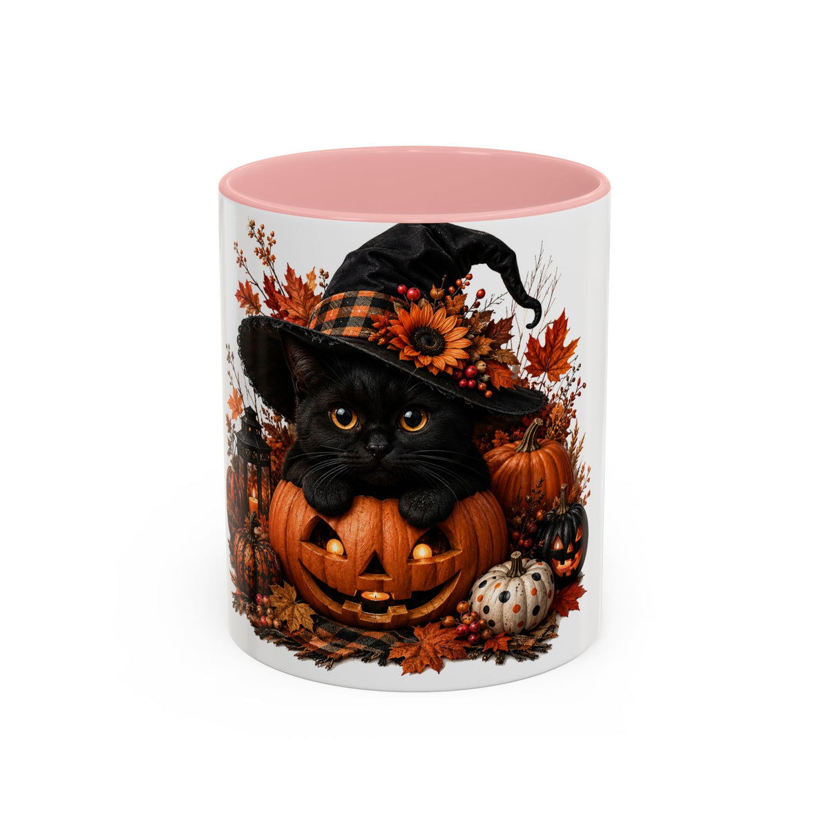 Halloween Black Cat Pumpkin Coffee Mug – Autumn Witch Hat Accent Mug (11/15oz)