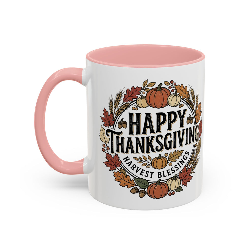 Happy Thanksgiving Accent Coffee Mug — "Harvest Blessings" Fall Pumpkin Wreath (11/15 oz)