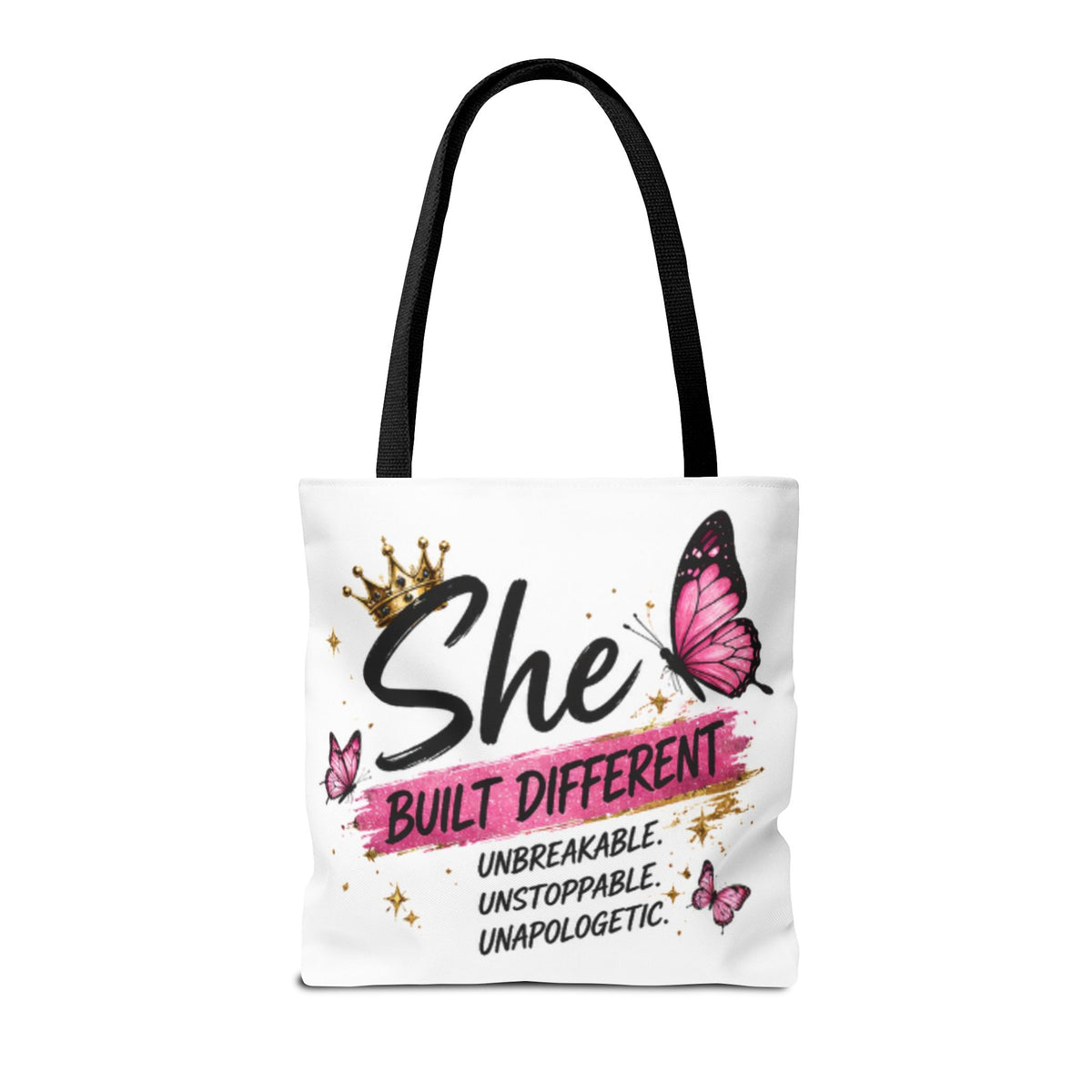 White tote bag with long black handles, crown and pink butterfly “She Built Different” print
