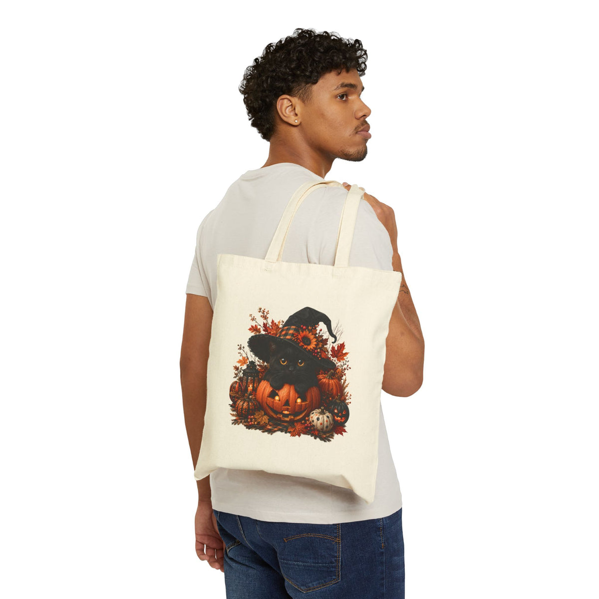 Halloween Pumpkin Witch Tote Bag – Cotton Canvas Trick-or-Treat Shopper