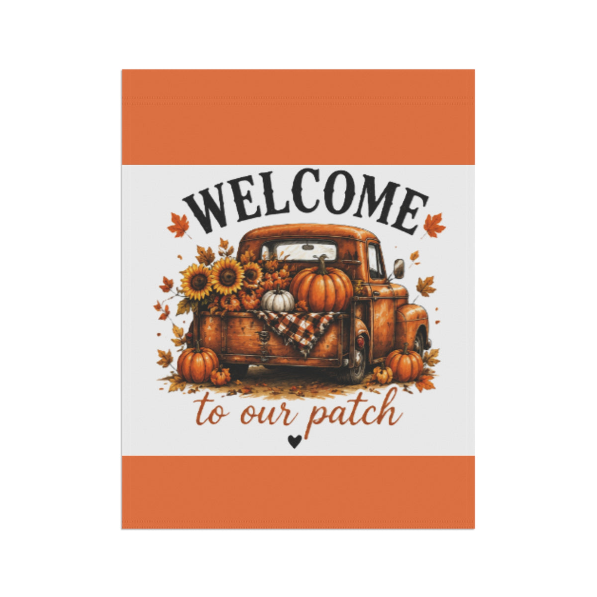 Orange-and-white yard garden flag with Welcome patch text, pumpkin truck and sunflowers