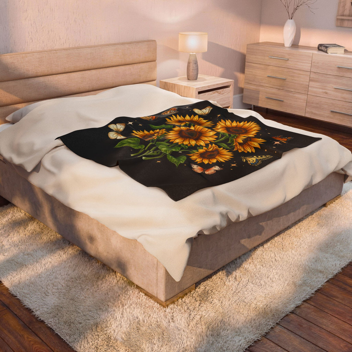 Sunflower & Butterflies Velveteen Plush Blanket — Cozy Floral Throw