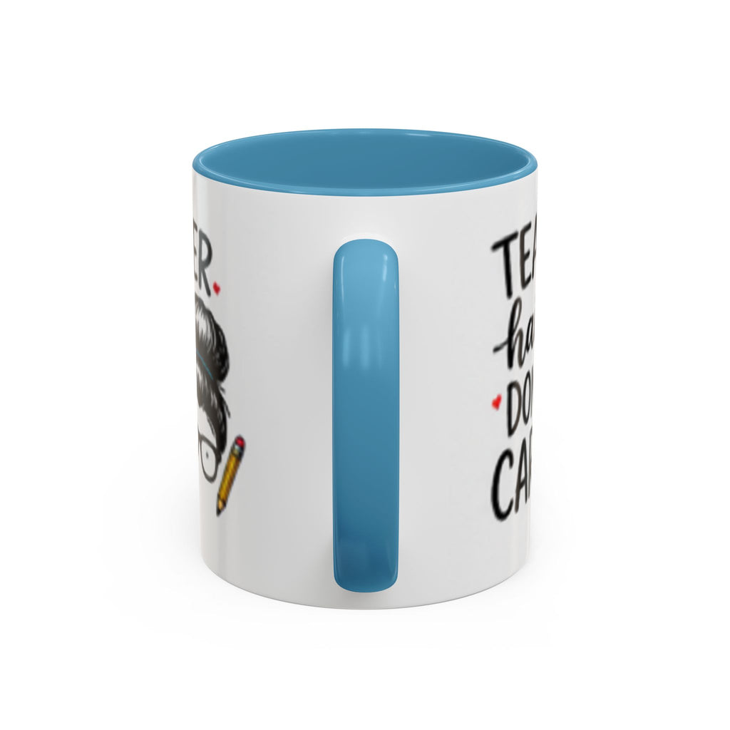 Coffee mug with white body, light blue rim, and tall light-blue vertical accent letter I