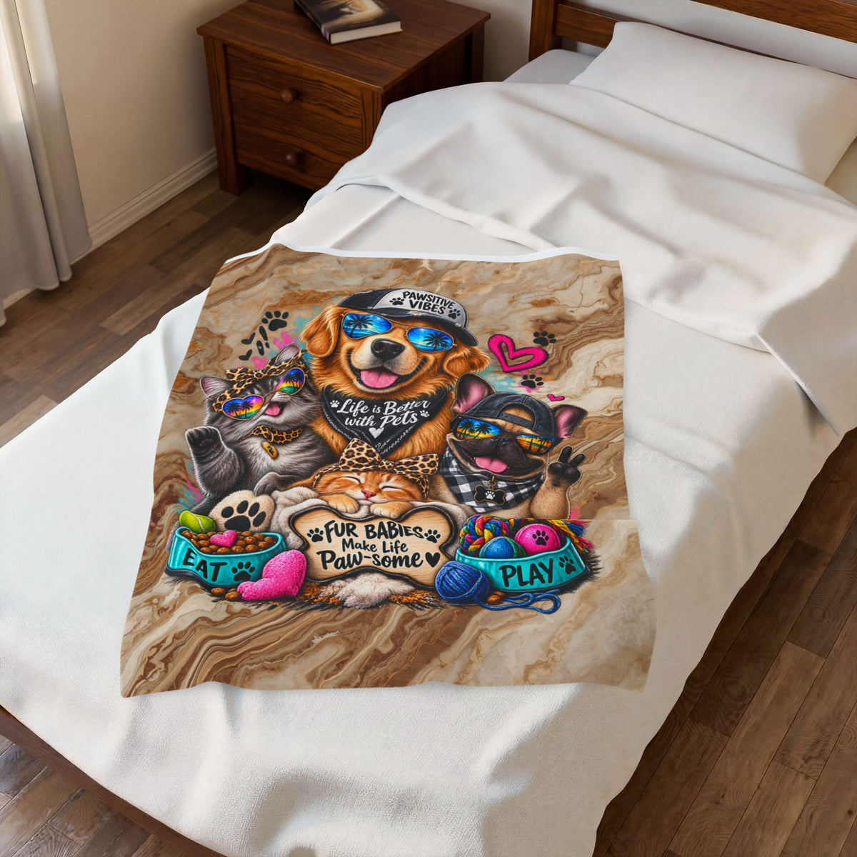 Velveteen Plush Blanket — "Life Is Better with Pets" Cute Dog & Cat Paw-Some Throw