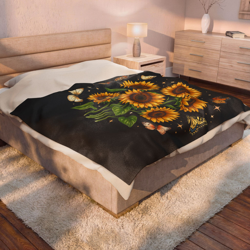 Sunflower & Butterflies Velveteen Plush Blanket — Cozy Floral Throw