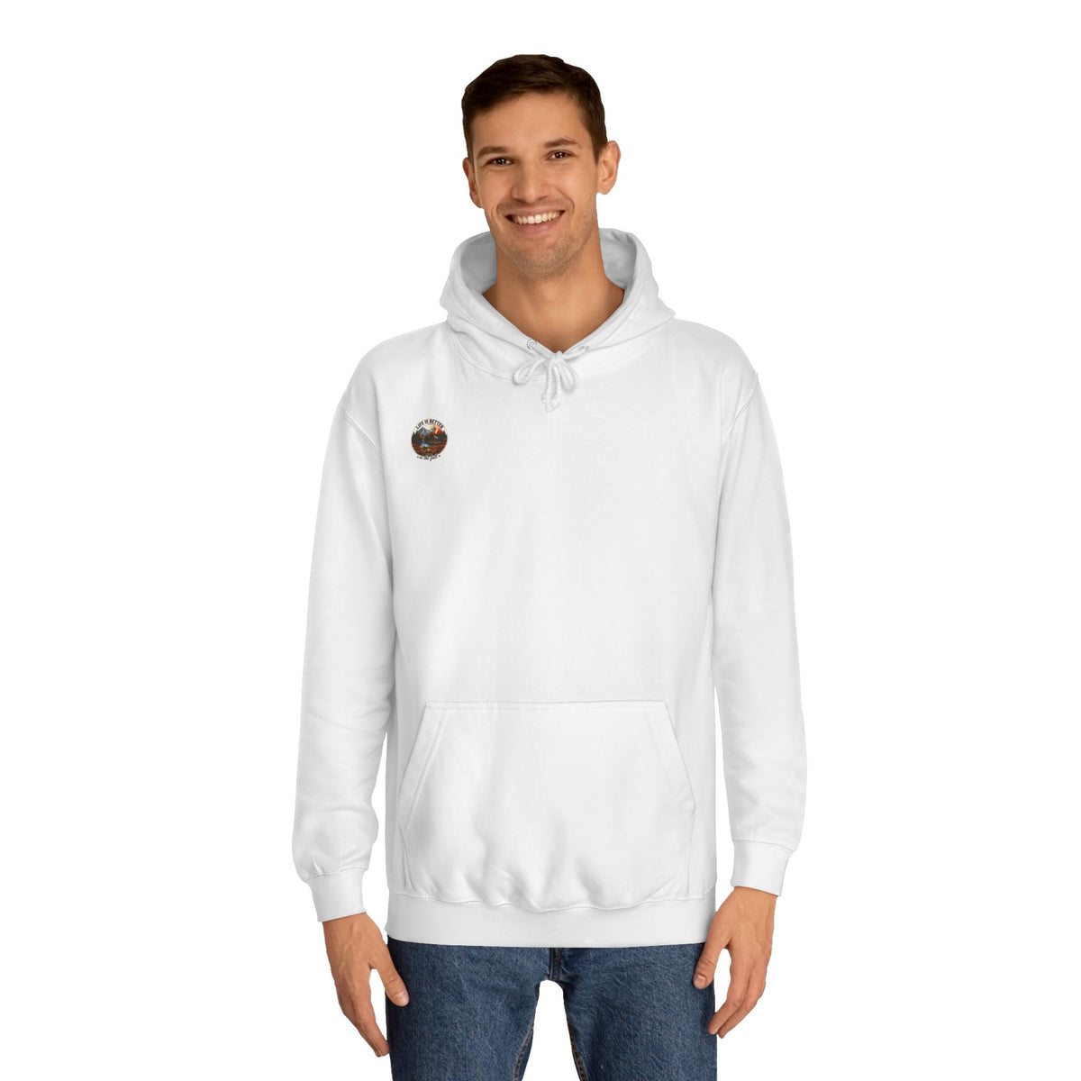 White pullover hoodie with hood, drawstrings, front kangaroo pocket, and small chest patch.