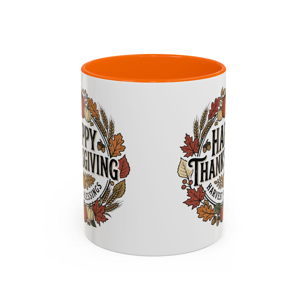 Happy Thanksgiving Accent Coffee Mug — "Harvest Blessings" Fall Pumpkin Wreath (11/15 oz)
