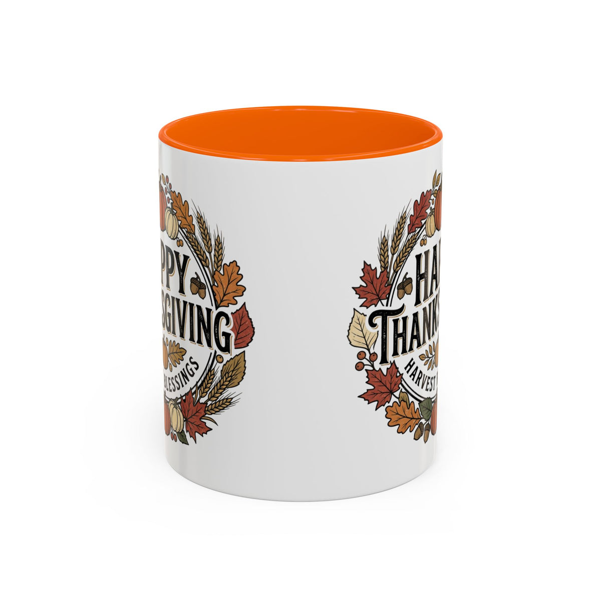Happy Thanksgiving Accent Coffee Mug — "Harvest Blessings" Fall Pumpkin Wreath (11/15 oz)