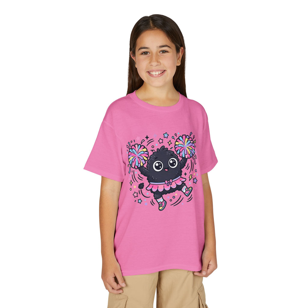 Cute Black Kitty Cheerleader Youth T-Shirt — Pom-Pom Dancing Cat Tee