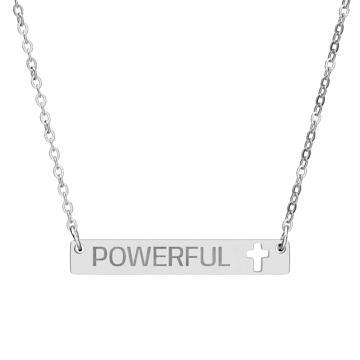 Engravable Cross Bar Necklace - "POWERFUL" Cutout Cross Pendant