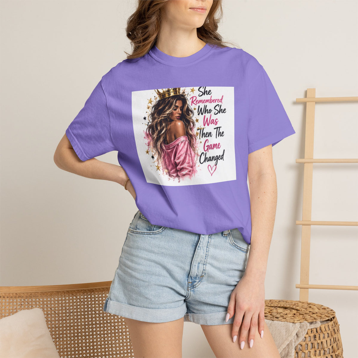 T-Shirt — 'She Remembered Who She Was' Empowerment Tee (Woman Portrait, Inspirational Quote)
