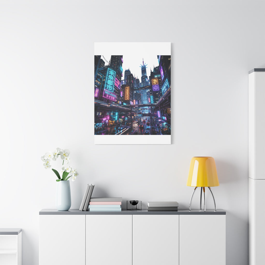 Neo-Kyoto Cyberpunk City Matte Canvas Print