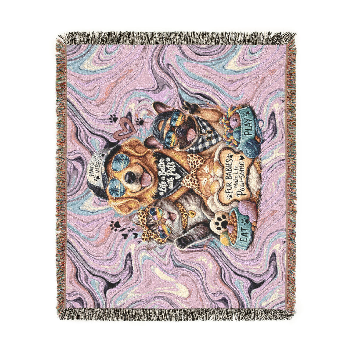 Psychedelic Pet Portrait Woven Blanket — Dog & Cats Floral Tapestry Throw