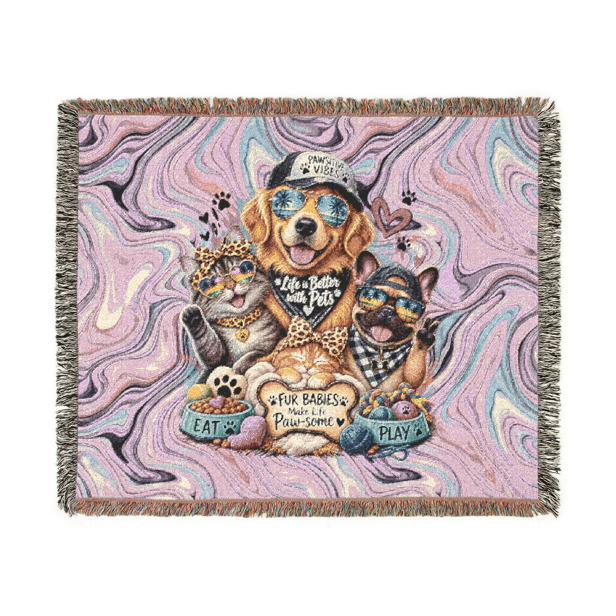 Psychedelic Pet Portrait Woven Blanket — Dog & Cats Floral Tapestry Throw