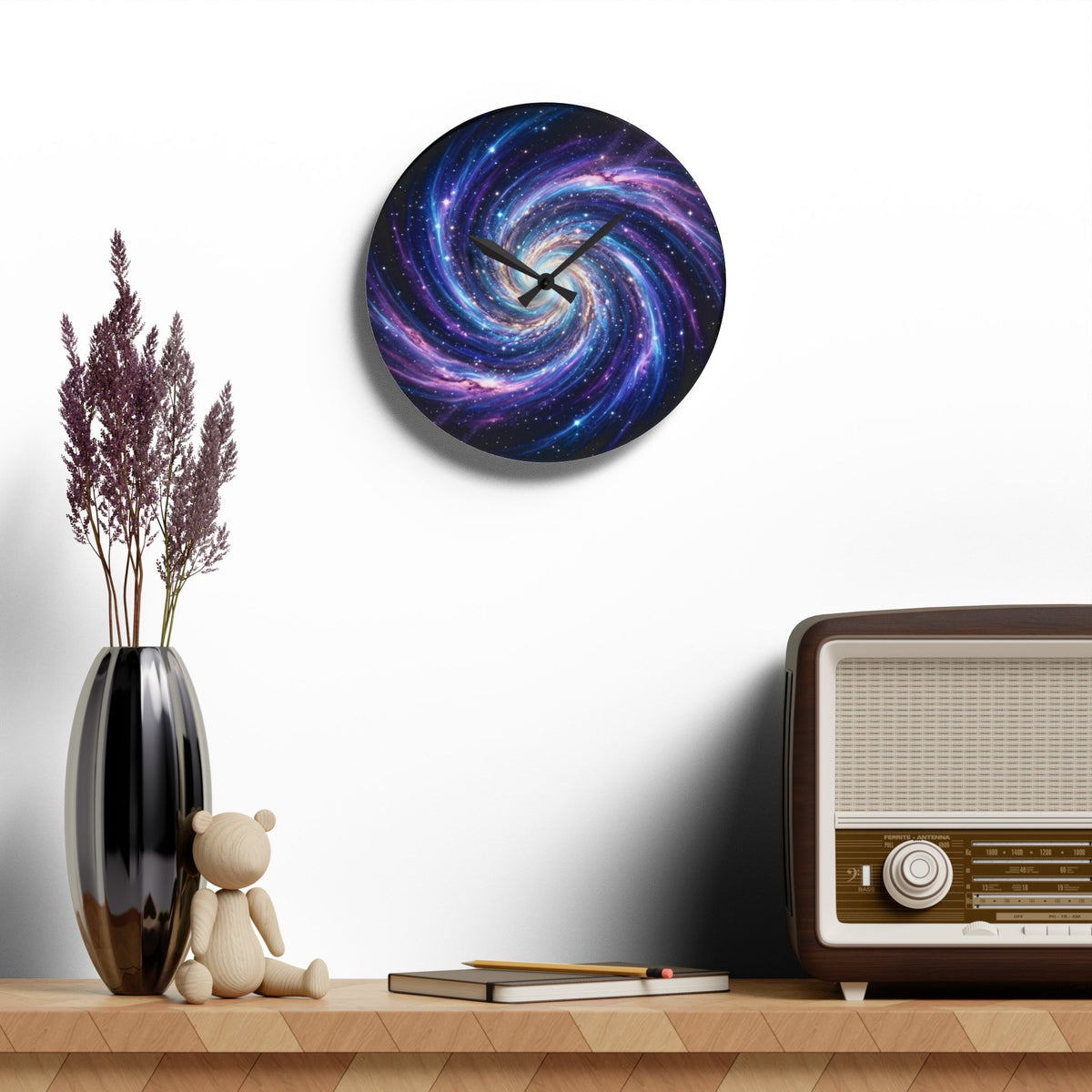 Galaxy Swirl Acrylic Wall Clock — Cosmic Space Spiral Home Decor