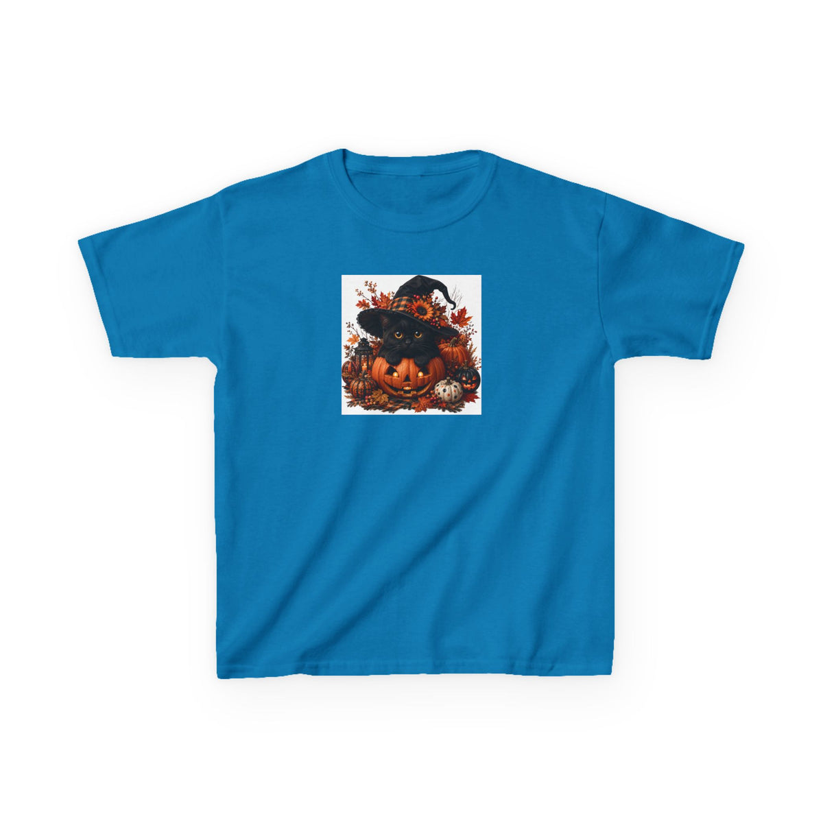 Kids Tee — Halloween Black Cat with Witch Hat & Pumpkins