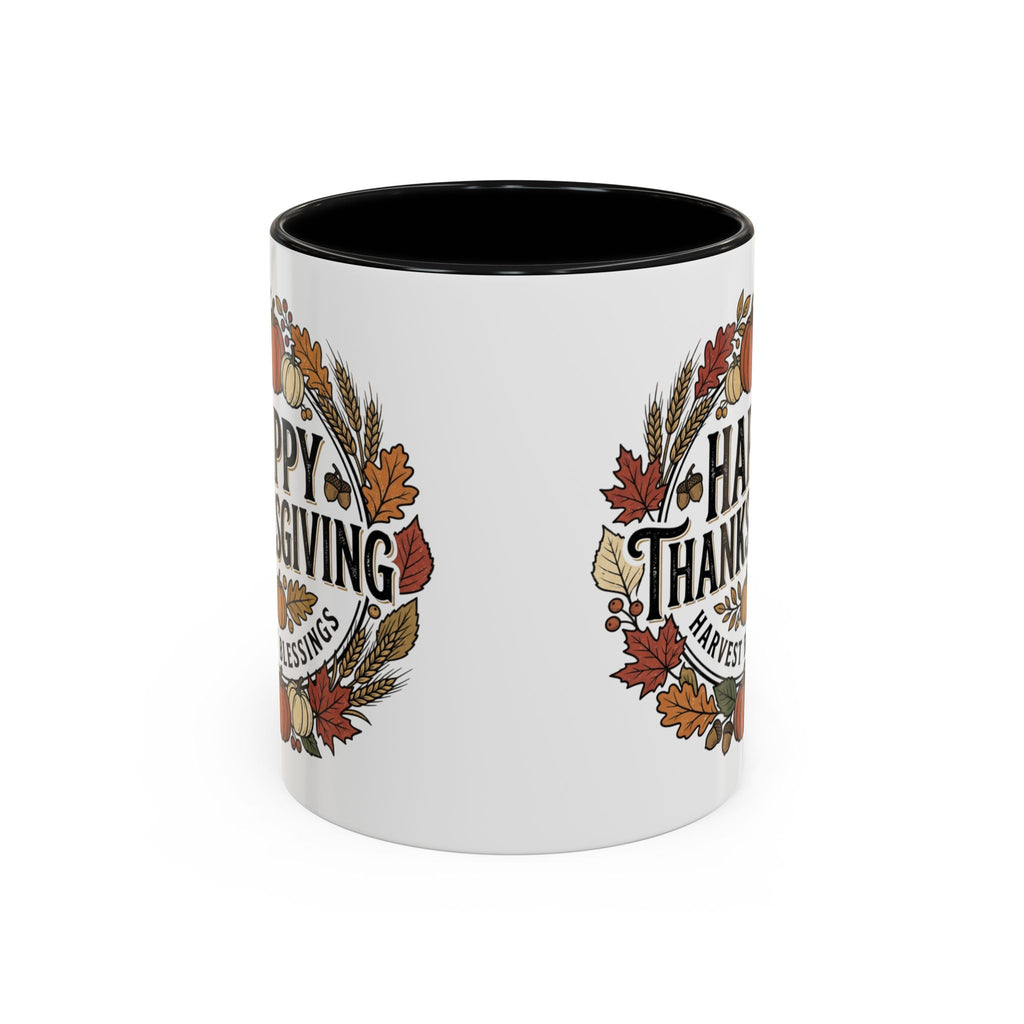 Happy Thanksgiving Accent Coffee Mug — "Harvest Blessings" Fall Pumpkin Wreath (11/15 oz)