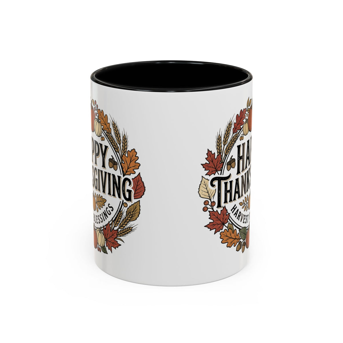 Happy Thanksgiving Accent Coffee Mug — "Harvest Blessings" Fall Pumpkin Wreath (11/15 oz)