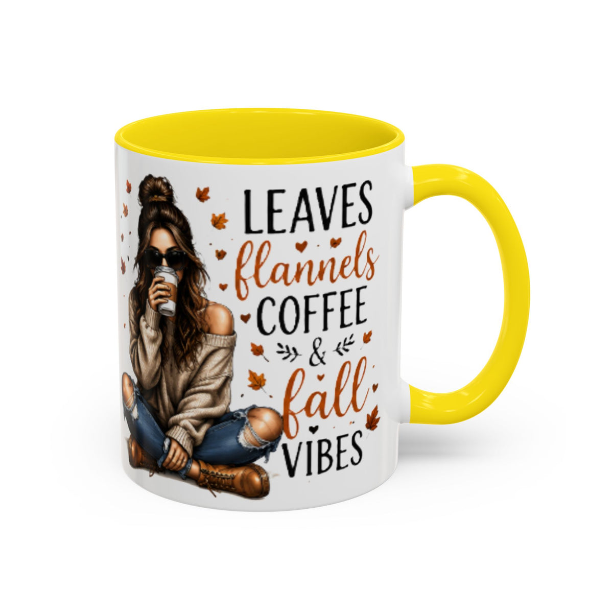 White ceramic coffee mug with yellow handle and interior, “Leaves flannels coffee & fall vibes”