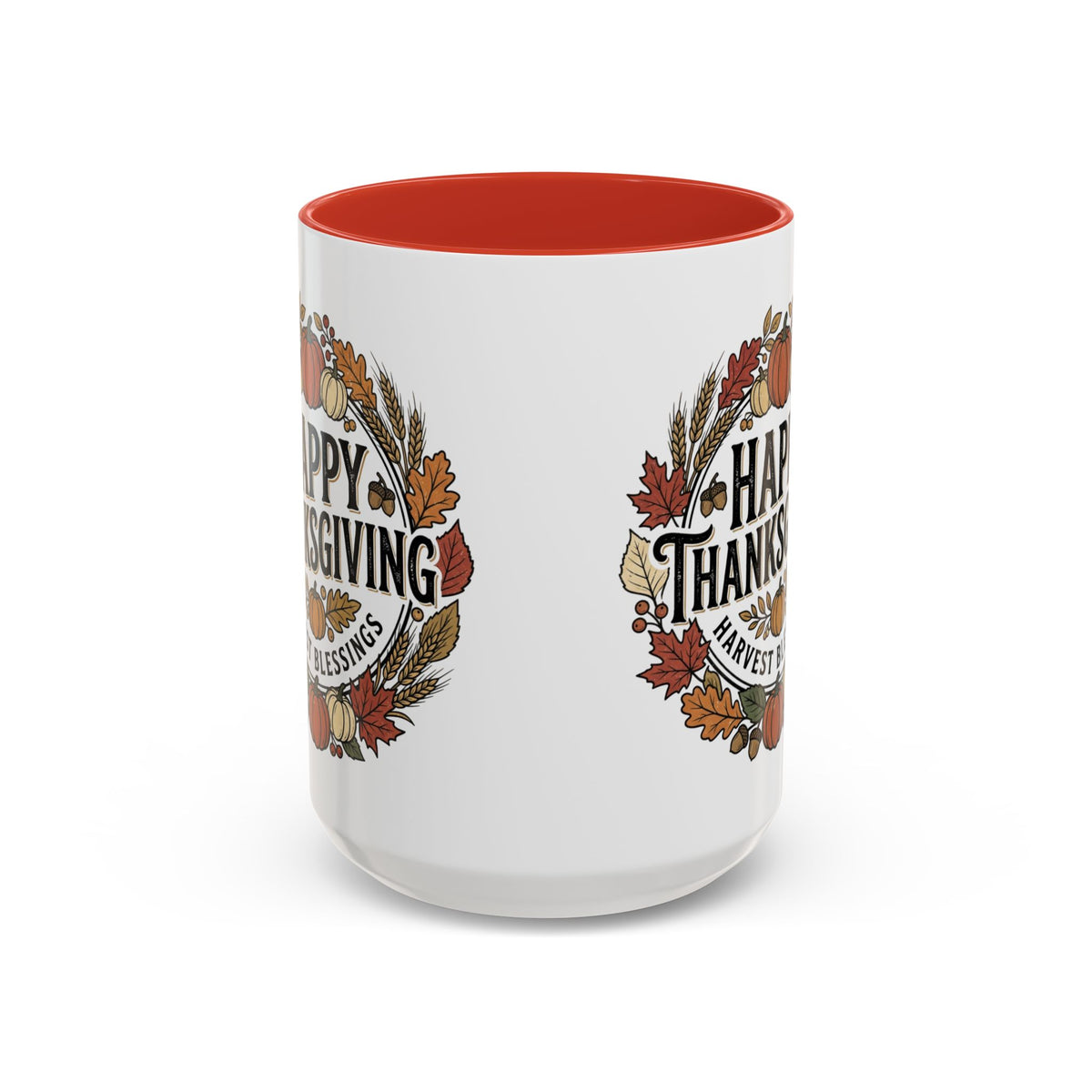 Happy Thanksgiving Accent Coffee Mug — "Harvest Blessings" Fall Pumpkin Wreath (11/15 oz)