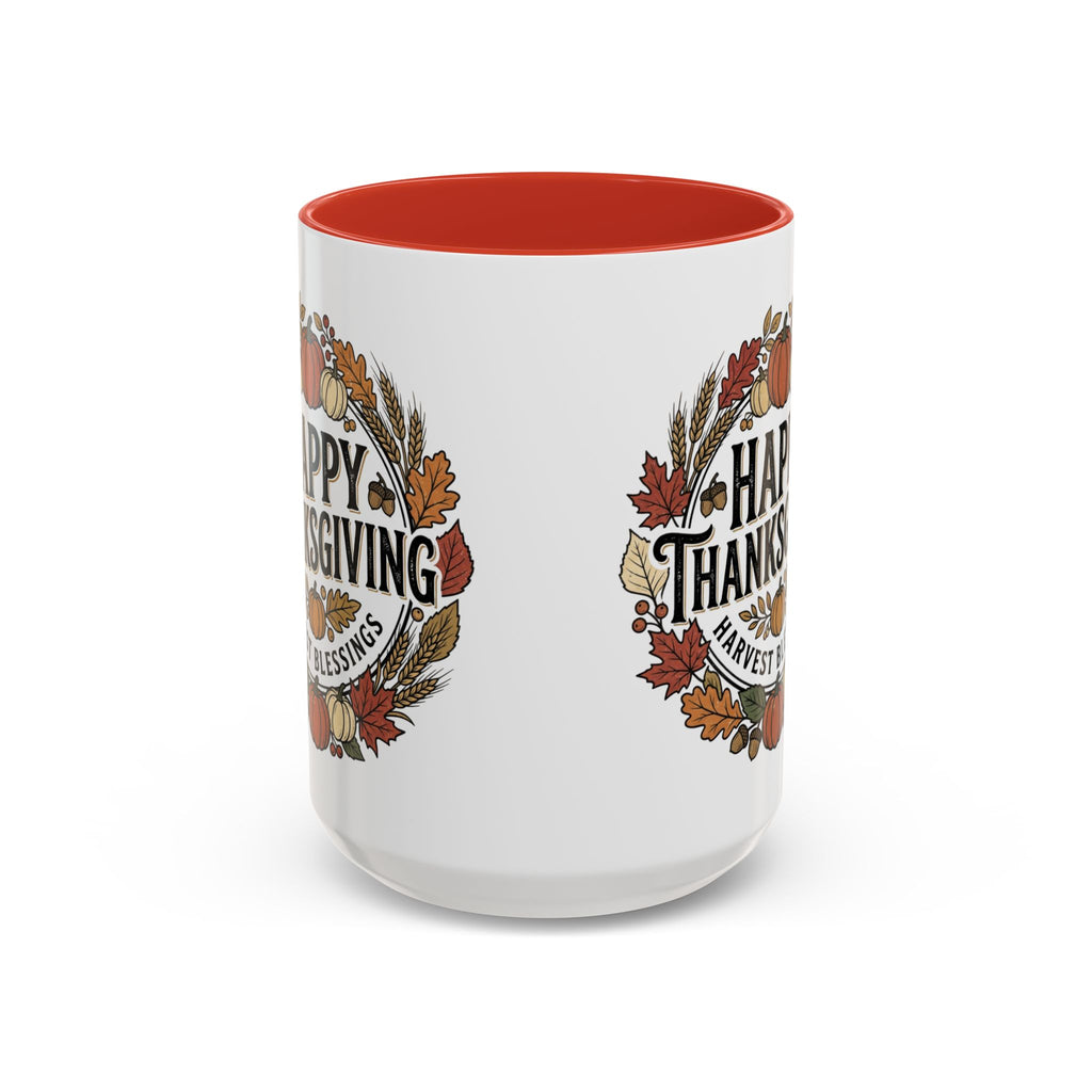 Happy Thanksgiving Accent Coffee Mug — "Harvest Blessings" Fall Pumpkin Wreath (11/15 oz)