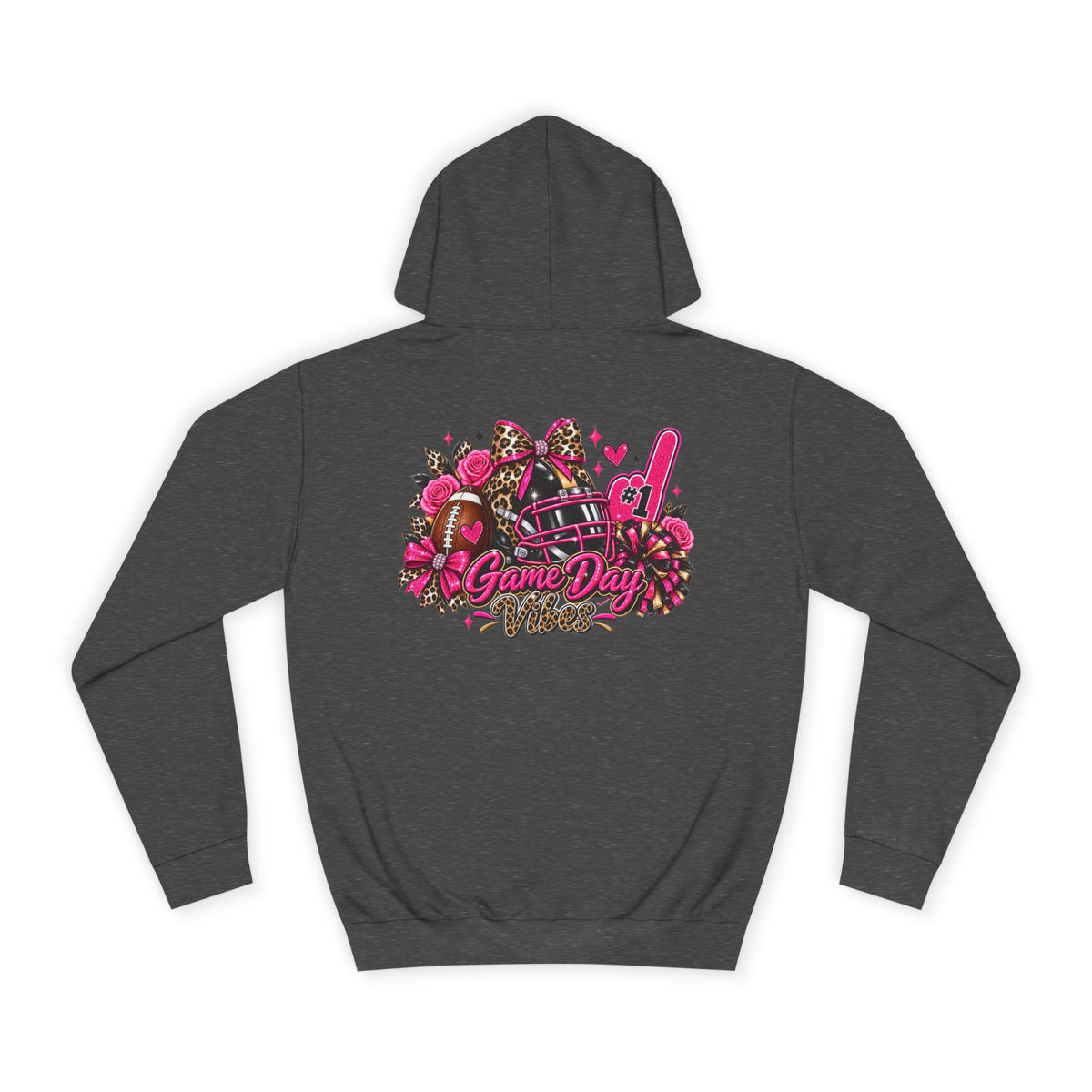 Game Day Cheer Hoodie — Pink Football Floral Design, dark gray pullover hoodie with pink football, helmet, flowers, pom-poms, and game day graphic by Printify