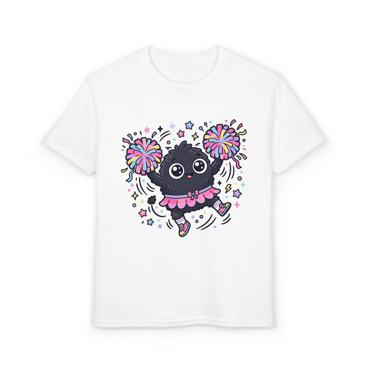 Cute Black Kitty Cheerleader Youth T-Shirt — Pom-Pom Dancing Cat Tee