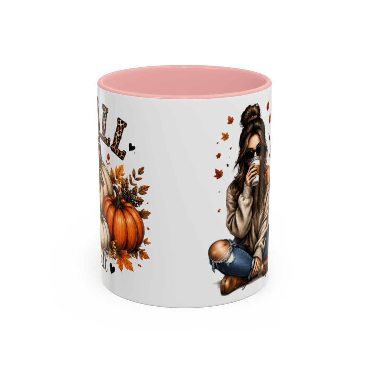 White mug with pink interior, autumn pumpkin and woman drinking coffee graphic