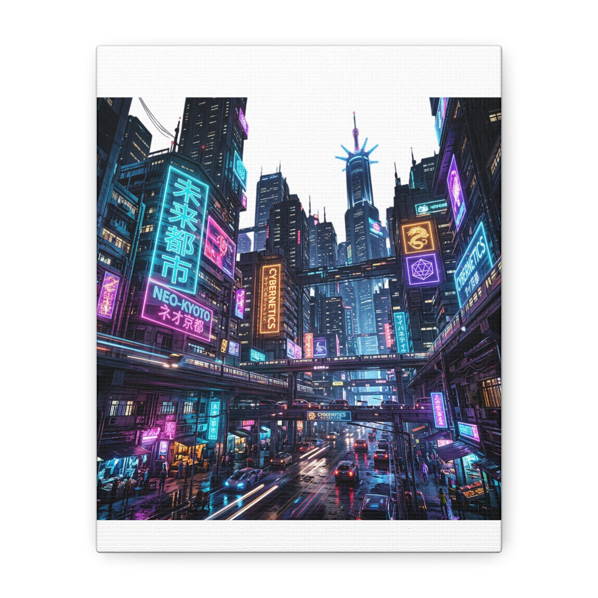 Neo-Kyoto Cyberpunk City Matte Canvas Print