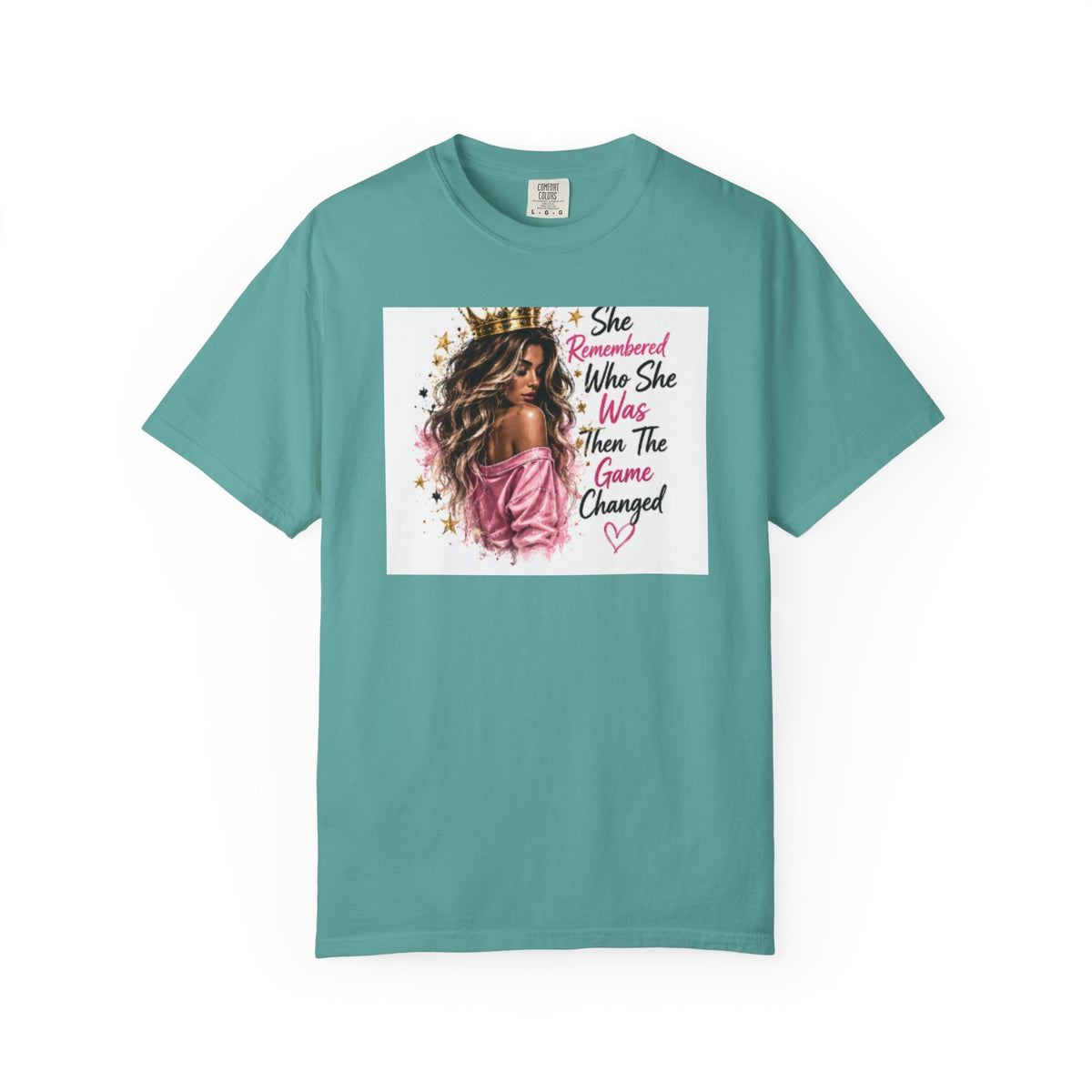 T-Shirt — 'She Remembered Who She Was' Empowerment Tee (Woman Portrait, Inspirational Quote)