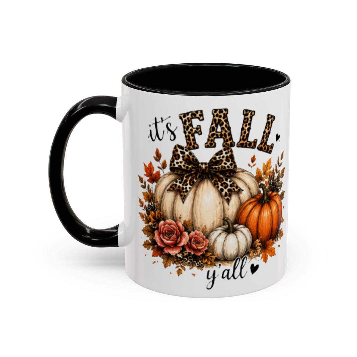 White coffee mug with black handle and rim, “it’s fall y’all” harvest floral design.